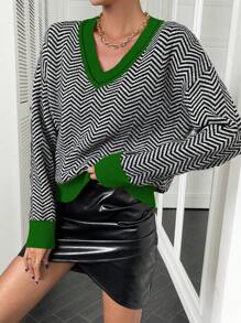 Calvaya Women's Solid Color Patchwork V-Neck Casual Pullover Sweater