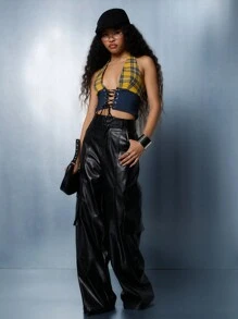 SUMWON WOMEN Punk Check Print Plunge Halter Neck Corset With Lace Up Detail - Multicolor - View 4