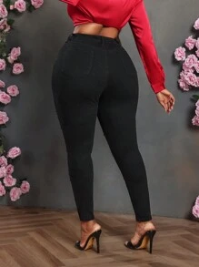 Slaydiva Plus Size Black Stretch Skinny Ripped Jeans - Black - View 2