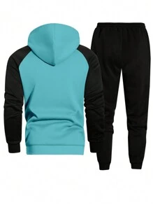 Manfinity Homme Men's Hooded Sweatsuit Pullover Top And Simple Casual Long Pants Set, Fall Clothes - Mint Blue - View 2