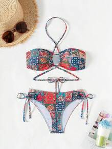SHEIN Swim 女士夏季沙滩泳装花卉拼布印花前系带比基尼套装 - 彩色 - 查看 2