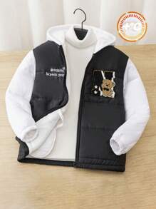 SHEIN 青少年男孩休闲校园字母印花图案保暖衬里缝制徽章拼接袖连帽加厚编织冬季外套，绗缝外套 - 黑與白 - 查看 3