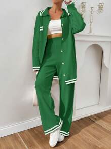 EURMUSE Women Stripe Pattern Pocket Detailed Front Button Cardigan & Sweater Pants Set - Green - View 4