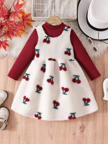 SHEIN 2pcs/Set Girls Cherry Jacquard Sleeveless Dress & Solid Stand Collar Top, Casual Outfit For Autumn/Winter - Multicolor - View 1