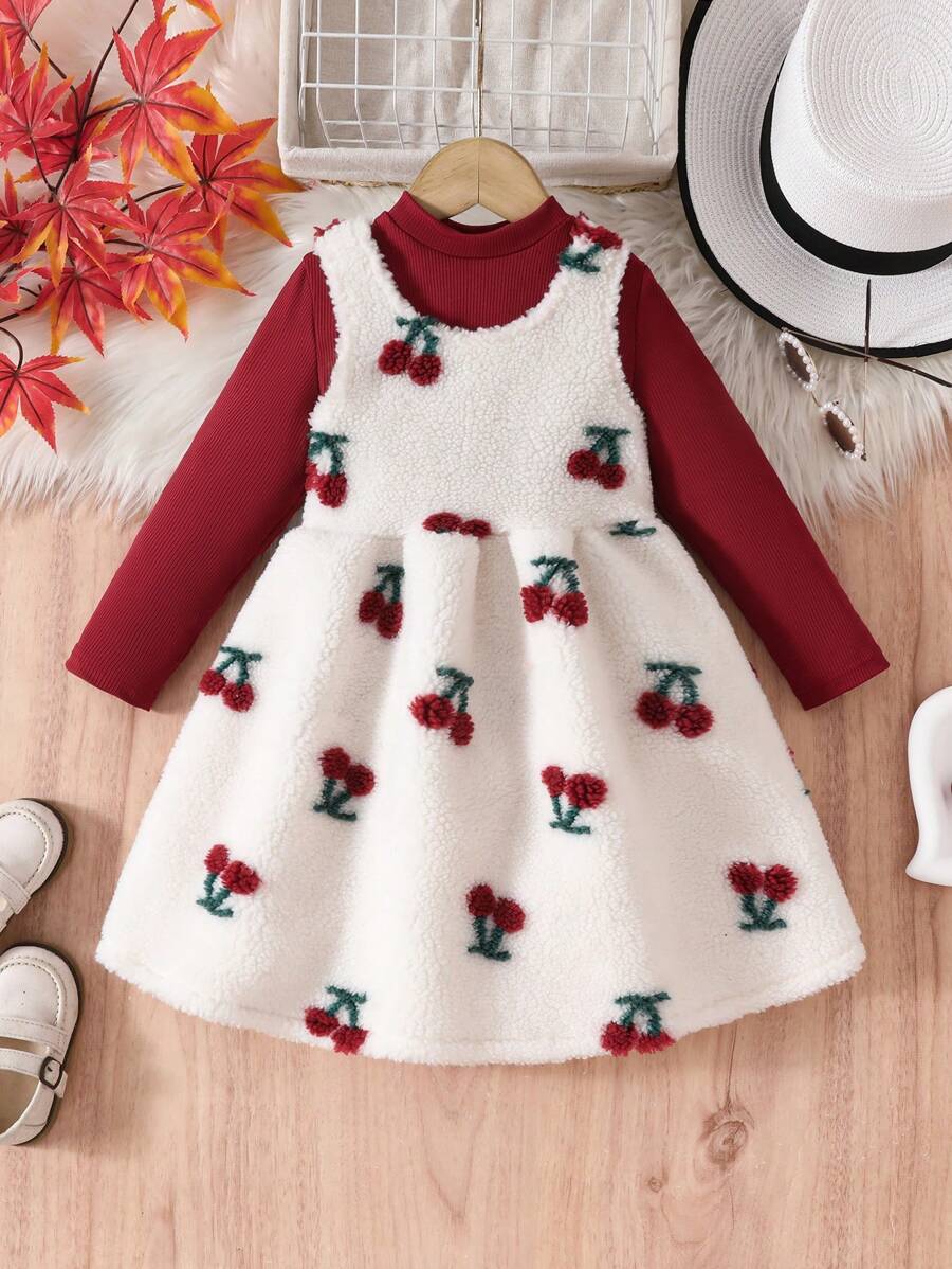SHEIN 2pcs/Set Girls Cherry Jacquard Sleeveless Dress & Solid Stand Collar Top, Casual Outfit For Autumn/Winter - Multicolor - View 1