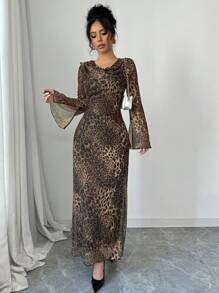 Modelyn Đầm Maxi Dài Cổ Vuông Phối Lưới Họa Tiết Da Báo Cho Nữ, Đầm Dạ Hội Dài Thu Đông - Cà phê - Xem 3