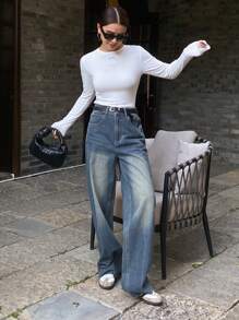 DAZY Distressed Faded Frayed Hem Pocket Straight Leg Women Jeans - Blue - View 8