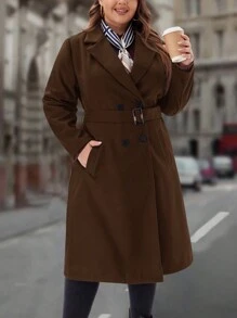 EMERY ROSE 大码女式冬季纯色缺口翻领长袖双排扣口袋优雅羊毛冬季女式大衣 - 咖啡棕 - 查看 2