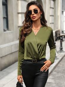 SHEIN Clasi 纯色 V 领交叉裹身优雅女士长袖 T 恤 - 綠色 - 查看 3