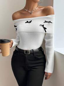 SHEIN Unity 女士秋冬翻领露肩蝴蝶结修身优雅长袖针织套头衫 - 白色 - 查看 6