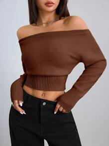 SHEIN Unity 女士休闲露肩长袖针织毛衣 - 咖啡棕 - 查看 3