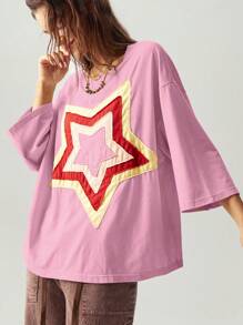 Bohemela 休闲纯色针织圆领短袖宽松大码T恤，带刺绣星星图案 - 粉色 - 查看 6