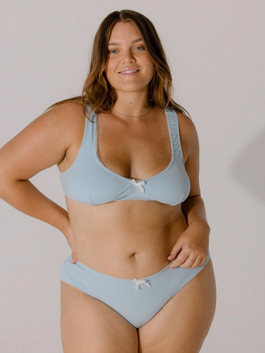 Aralina Curve Soft Blue Contrast Scallop Trim Rib Lingerie Bralette Set