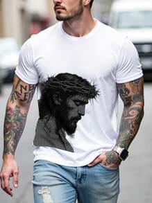 Manfinity Dauomo Manfinity Dauomo Heren Losse T-shirt met Ronde Hals en Afhangende Schouders, Casual Gepersonaliseerde Letterprint Korte Mouw Artistiek Patroon