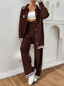 EURMUSE Women Stripe Pattern Pocket Detailed Front Button Cardigan & Sweater Pants Set - Brown - View 4