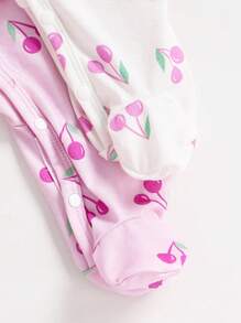 2pcs/Set Newborn Baby Cherry Pattern Long Sleeve Full Coverage Jumpsuit Pajamas - Multicolor - View 5