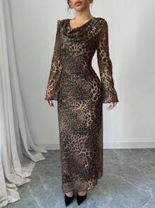 Modelyn Đầm Maxi Dài Cổ Vuông Phối Lưới Họa Tiết Da Báo Cho Nữ, Đầm Dạ Hội Dài Thu Đông - Cà phê - Xem 8