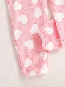 Pijama con capucha y cremallera para niñas preadolescentes con estampado de corazón grueso y forro térmico, para otoño/invierno
