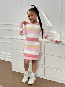 SHEIN Tween Girls' Loose Casual Minimalist Comfy Crew Neck Pullover Colorful Striped Sweater Dress