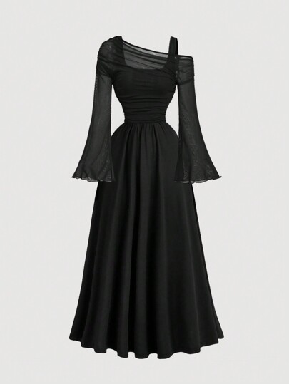 SHEIN MOD Plus Size Apricot Off-Shoulder Mesh 2in1 Trumpet Sleeve Long Sleeve Women's Dress,Western,Vintage,70s,The Bachelorette,Valentine's Day