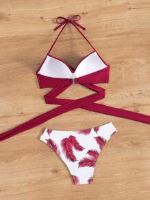 SHEIN Swim Summer Beach Leaf Print Bikini Set Tie Front Halter Bra & High Waisted Bottom 2 Pieces Bikini - Red and White - View 4