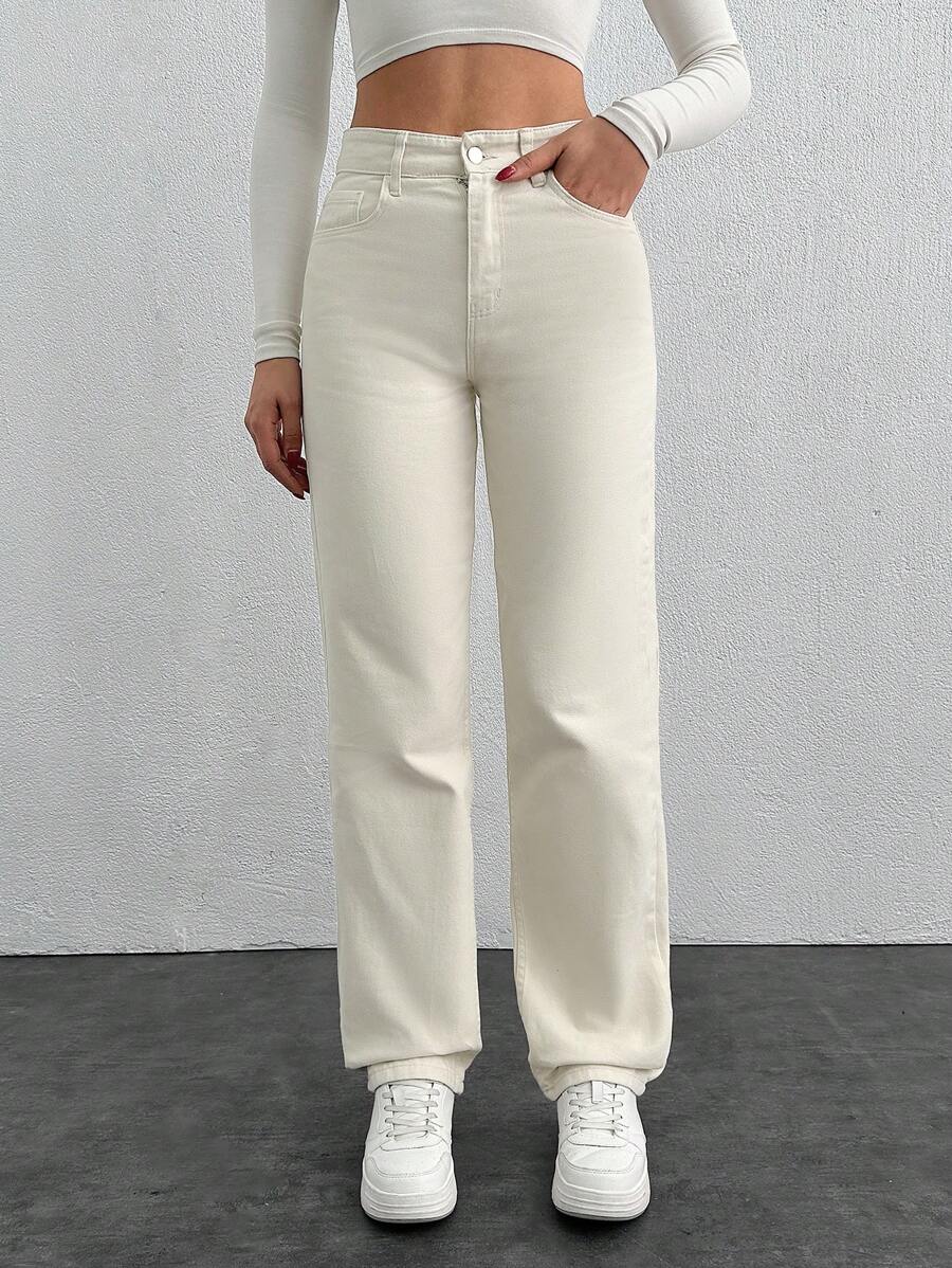 EURMUSE 100%Cotton Slant Pocket Straight Leg Jeans - Beige - View 1