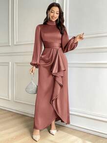 Modelyn Women's Solid Color Stand Collar Lantern Sleeve Ruffle Hem Elegant Dress Long Evening Dresses