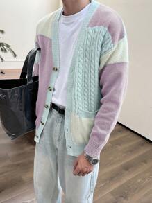 Manfinity Homme 男士撞色纽扣长袖休闲开衫，带口袋，秋冬 - 淡紫色 - 查看 3