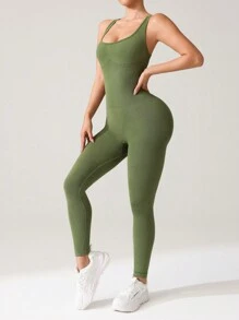 SHEIN Women's Solid Color Wide Strap Casual Slim Fit Jumpsuit