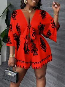 Slaydiva Bộ đồ liền thân in họa tiết rộng rãi cổ chữ V thắt eo thoải mái cho ngày lễ cỡ lớn dành cho nữ - Đỏ - Xem 1