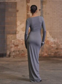 MUSERA 前开衩扭结长袖连衣裙，优雅春夏度假舞会秋季长裙，毕业舞会礼服 - 深灰色 - 查看 3
