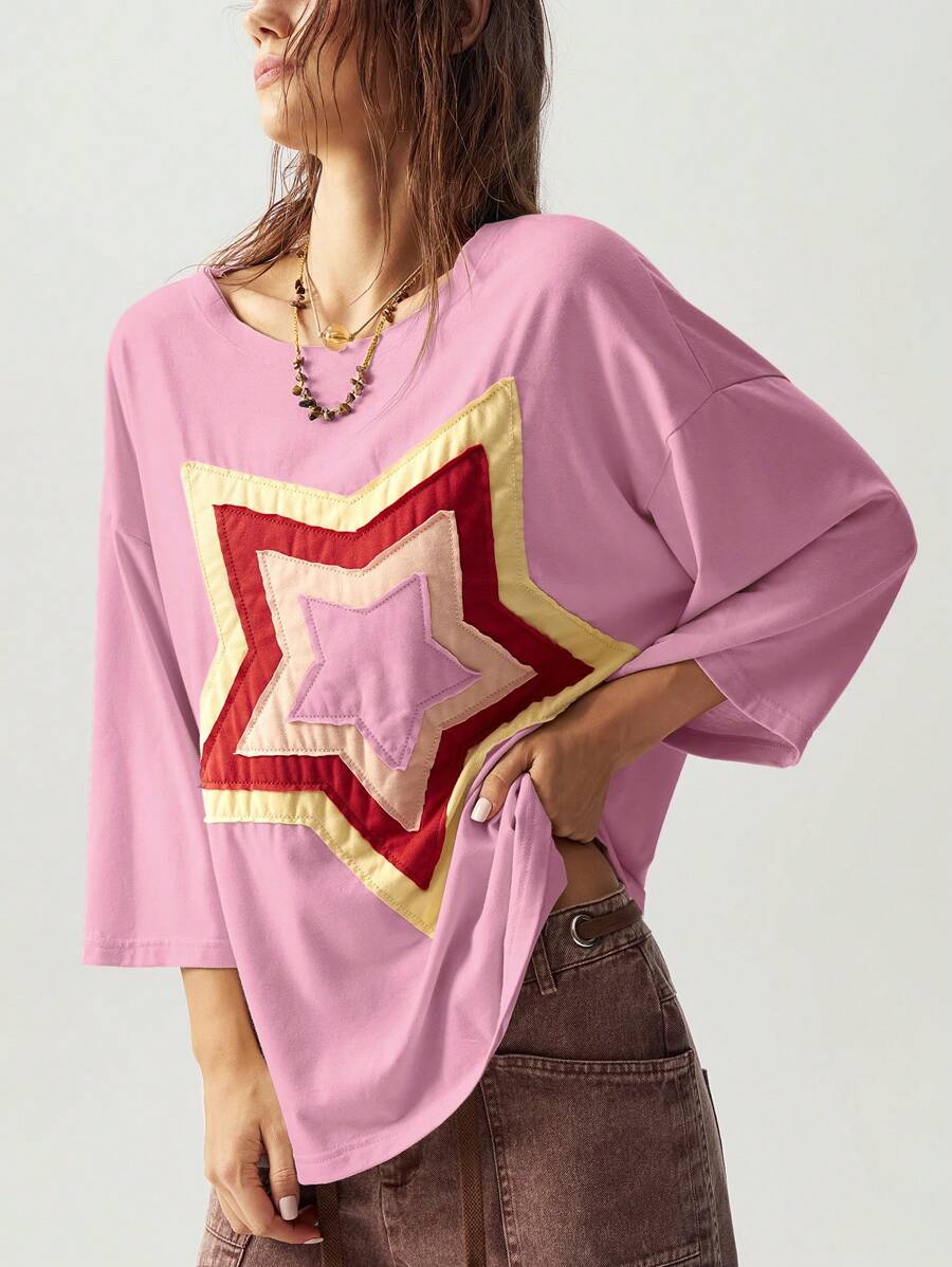 Bohemela 休闲纯色针织圆领短袖宽松大码T恤，带刺绣星星图案 - 粉色 - 查看 1