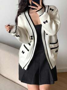 SHEIN MOD Casual Contrast Color Trim Bow Decor Cardigan, Autumn/Winter