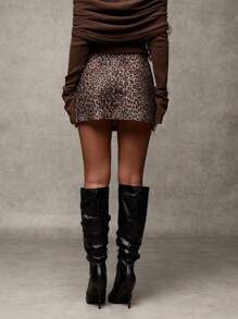 SHEIN BAE Women's Brown Versatile Fashion Leopard Print Minimalist Sexy Slit Skirt,Valentine's Day,Valentine Outfits For Women - Brown - View 2