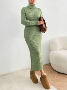 EURMUSE Turtleneck Drop Shoulder Sweater Dress Without Belt