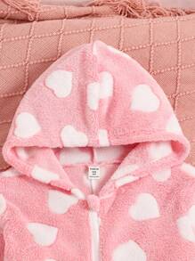 Pijama con capucha y cremallera para niñas preadolescentes con estampado de corazón grueso y forro térmico, para otoño/invierno
