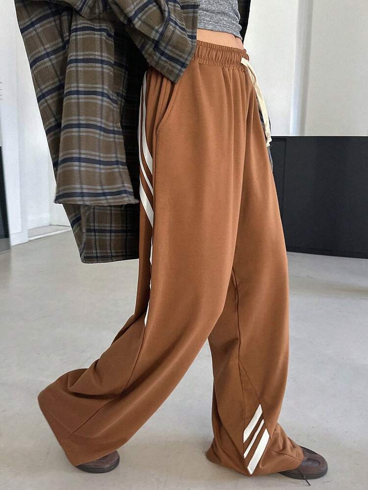 Contrast Color Drawstring Loose Wide Leg Pants, Women's Casual Sweatpants, Spring Women Joggers
