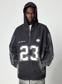 ROMWE MEN Prep Chaqueta casual de mezclilla con cremallera frontal, manga larga y estampado de números para hombres - Negro - Ver 3