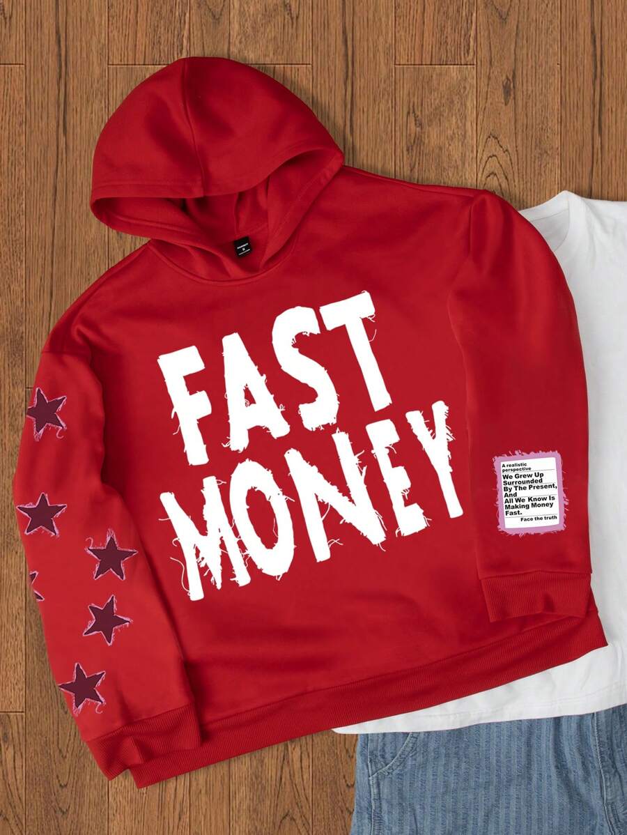 Manfinity Roghcode Áo nỉ có mũ trùm đầu in chữ và hình ngôi sao thường ngày cho nam, Áo hoodie dài tay họa tiết đường phố thu/đông, Quà tặng cho bạn bè, chồng, bạn trai - Đỏ - Xem 1