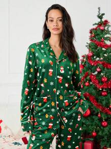 Manfinity VCAY 2pcs Unisex Velvet Long Sleeve Shirt And Straight Leg Pants Set, Suitable For Autumn/Winter, For Christmas - Green - View 2