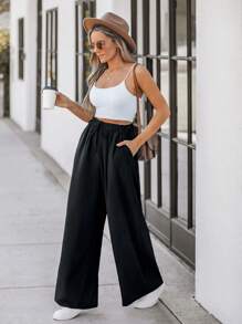 SHEIN LUNE Pantalones anchos de cintura alta casuales para mujer, negro - Negro - Ver 4