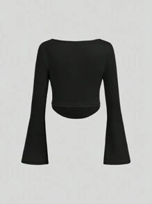 SHEIN Girlism Tween 女童修身休闲圆领喇叭袖褶皱设计长袖 T 恤