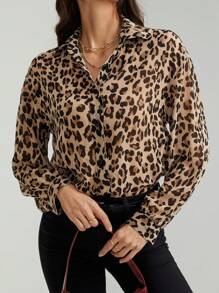 SHEIN Tall Camisa de mujer de lino, camisa de manga larga de unicolor, uniforme escolar francés, uniforme de maestro, estampado de guepardo y leopardo para mujeres en otoño