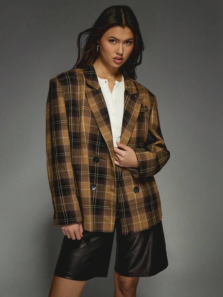 MISSGUIDED Designer Plaid Blazer Double Breasted Fall Winter Wool Oversized Professional Office Wear Business Formal Suit Jacket Coat With Lapel Collar - Brown - View 5