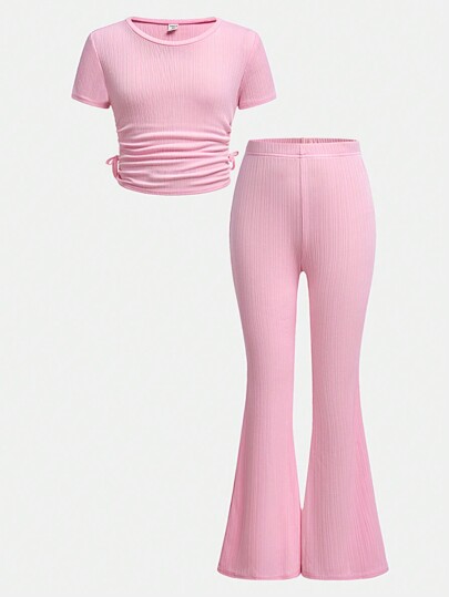SHEIN Girlism Tween Girls 2 Pieces Set Includes Solid Color Ribbed Knit Crew Neck Pullover And Flared Pants, Casual & Comfy