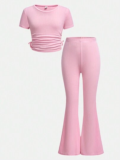 SHEIN Girlism Tween Girls 2 Pieces Set Includes Solid Color Ribbed Knit Crew Neck Pullover And Flared Pants, Casual & Comfy