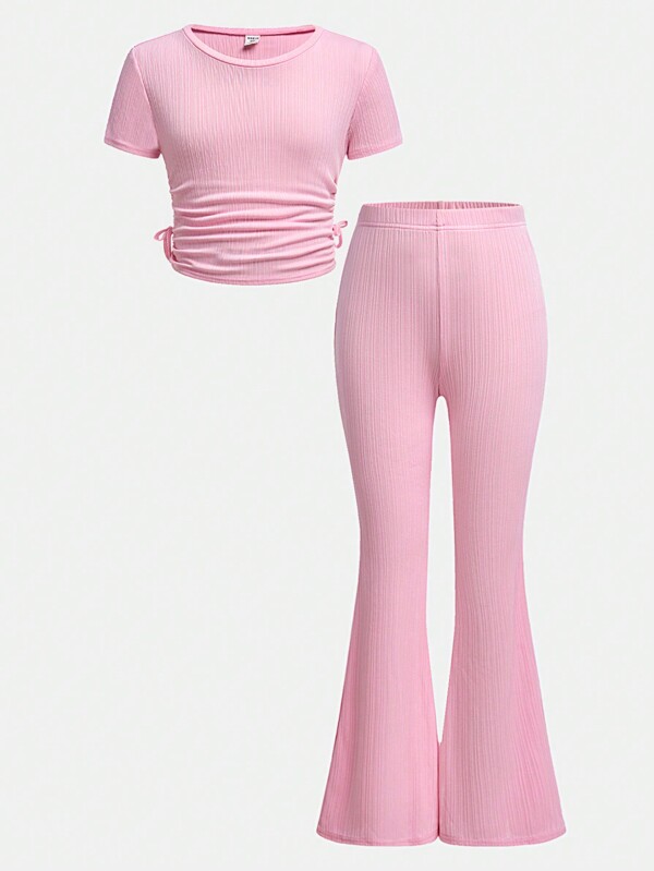 SHEIN Girlism Tween Girls 2 Pieces Set Includes Solid Color Ribbed Knit Crew Neck Pullover And Flared Pants, Casual & Comfy