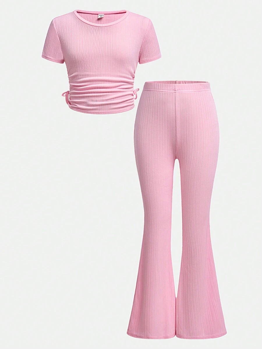 SHEIN Girlism Tween Girls 2 Pieces Set Includes Solid Color Ribbed Knit Crew Neck Pullover And Flared Pants, Casual & Comfy - Pink - View 1