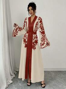 Chiquease 女式秋季优雅花卉印花喇叭袖开叉长裙新年服装长款女装 - 紅色 - 查看 5