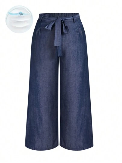 SHEIN Unity 寬鬆彈性腰囗牛仔寬褲，適合加大尺碼穿著，褲型帶有牛仔布紋效果